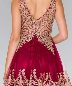 Elizabeth K - GS2403 Gold Lace Applique Tulle Cocktail Dress 21 Elizabeth K - GS2403 Gold Lace Applique Tulle Cocktail Dress