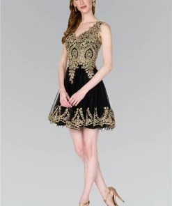 Elizabeth K - GS2403 Gold Lace Applique Tulle Cocktail Dress