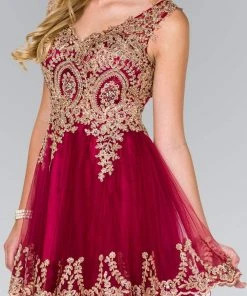 Elizabeth K - GS2403 Gold Lace Applique Tulle Cocktail Dress 20 Elizabeth K - GS2403 Gold Lace Applique Tulle Cocktail Dress