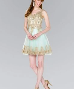 Elizabeth K - GS2403 Gold Lace Applique Tulle Cocktail Dress 23 Elizabeth K - GS2403 Gold Lace Applique Tulle Cocktail Dress
