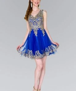 Elizabeth K - GS2403 Gold Lace Applique Tulle Cocktail Dress 26 Elizabeth K - GS2403 Gold Lace Applique Tulle Cocktail Dress