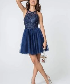 Elizabeth K - GS2809 Embroidered Illusion Jewel Cocktail Dress
