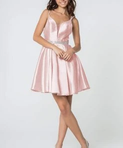 Elizabeth K - GS2843 A-Line Satin Cocktail Dress With Beaded Waistband