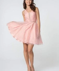 Elizabeth K - GS2865 Glitter Overlaid Plunging Bodice Short Dress