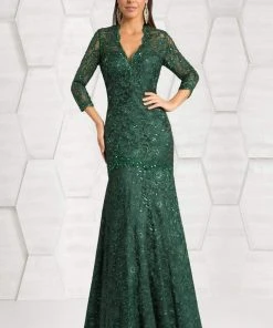 Feriani Couture - 18399 Classy Lace V-Neck Evening Gown