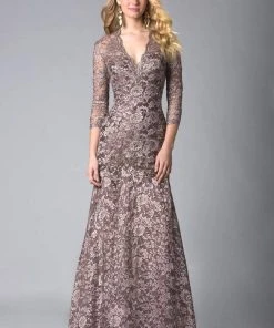 Feriani Couture - 18399 Classy Lace V-Neck Evening Gown