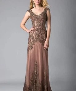 Feriani Couture - 18401 Embellished V Neck Lace Evening Gown