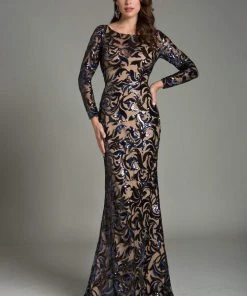 Feriani Couture - 18489 Sheer Long Sleeves Fitted Long Dress
