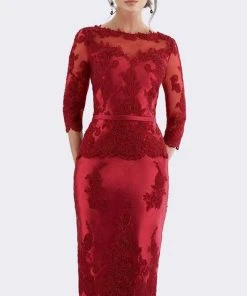 Feriani Couture - 18640 Quarter Sleeve Appliqued Peplum Sheath Dress