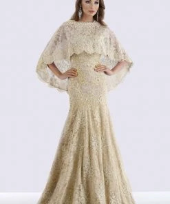 Feriani Couture - 18695 Lace Straight Neck Trumpet Dress With Cape