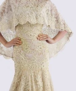 Feriani Couture - 18695 Lace Straight Neck Trumpet Dress With Cape 11 Feriani Couture - 18695 Lace Straight Neck Trumpet Dress With Cape