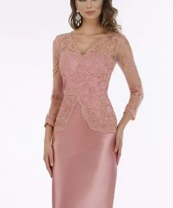 Feriani Couture - 18851 Sheer Lace Neckline Long Sleeve Cocktail Dress