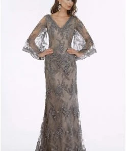 Feriani Couture - 18907 Floral Embroidered V-neck Trumpet Dress