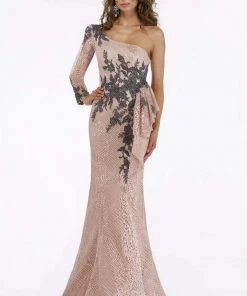 Feriani Couture - 18908 Long Sleeve Beaded Applique Asymmetrical Gown