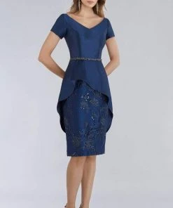 Feriani Couture - 18953 Short Sleeve Knee Length Peplum Beaded Dress