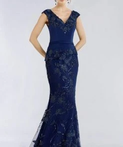 Feriani Couture - 18961 Cap Sleeve Floral Beaded Peplum Gown