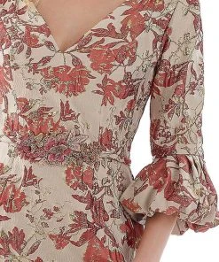 Feriani Couture - 20124 Quarter Sleeve Floral Appliqued Sheath Dress