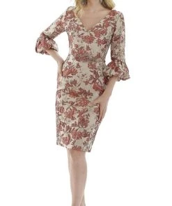 Feriani Couture - 20124 Quarter Sleeve Floral Appliqued Sheath Dress