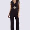 Feriani Couture - 26253 Short Sleeve Ornate V-Neck Ruched Jumpsuit