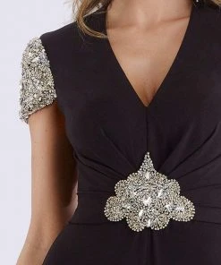 Feriani Couture - 26253 Short Sleeve Ornate V-Neck Ruched Jumpsuit