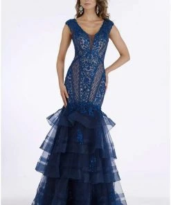 Feriani Couture - 26277 Embroidered Tiered Trumpet Dress With Train