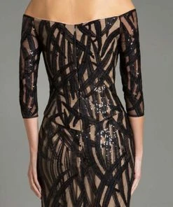 Feriani Couture Beaded Print Off Shoulder Cocktail Dress - 1 Pc Black/Nude In Size 16 Available