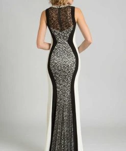 Feriani Couture Contrast Lace Overlaid Beaded Long Gown 26239 - 1 Pc Black/White In Size 12 Available