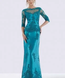 Feriani Couture Quarter Sleeve Appliqued Peplum Long Gown 18740