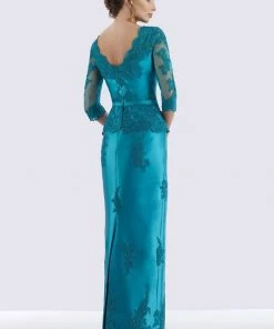 Feriani Couture Quarter Sleeve Appliqued Peplum Long Gown 18740