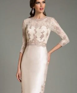 Feriani Couture - Quarter Sleeve Illusion Lace Appliqued Dress 18503 - 1 Pc Silver In Size 10 Available