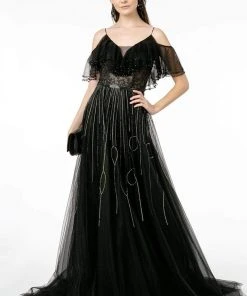 GLS By Gloria - GL1809 Mesh-Layered Top A-Line Evening Dress