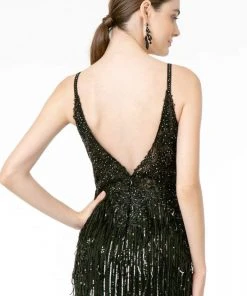 GLS By Gloria - GL1824 Plunging Sequin Fringed Sheath Gown