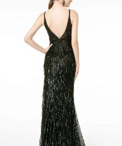 GLS By Gloria - GL1824 Plunging Sequin Fringed Sheath Gown