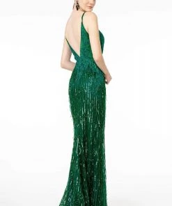 GLS By Gloria - GL1824 Plunging Sequin Fringed Sheath Gown
