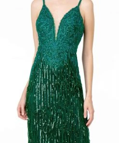GLS By Gloria - GL1824 Plunging Sequin Fringed Sheath Gown