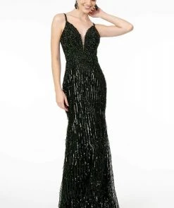 GLS By Gloria - GL1824 Plunging Sequin Fringed Sheath Gown