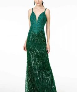 GLS By Gloria - GL1824 Plunging Sequin Fringed Sheath Gown