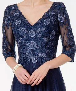 GLS By Gloria - GL1825 Quarter Sleeve Embroidered Illusion A-Line Dress