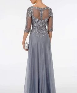 GLS By Gloria - GL1825 Quarter Sleeve Embroidered Illusion A-Line Dress