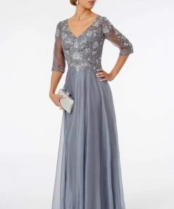 GLS By Gloria - GL1825 Quarter Sleeve Embroidered Illusion A-Line Dress