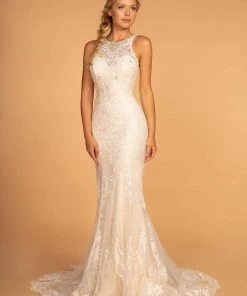 GLS By Gloria - GL2597 Embellished Lace Halter Trumpet Gown