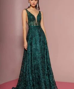 GLS By Gloria - GL2634 Lace Embellished Plunging V Neck Dress