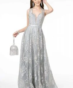 GLS By Gloria - GL2835 Embellished Lace Deep V-Neck A-Line Gown