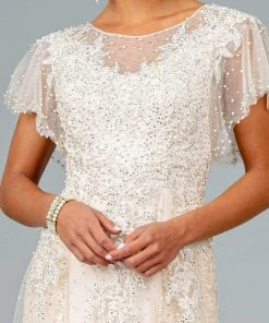 GLS By Gloria - GL2881 Sheer Flutter Sleeve Appliqued Overskirt Gown