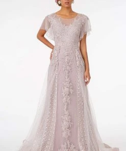 GLS By Gloria - GL2881 Sheer Flutter Sleeve Appliqued Overskirt Gown