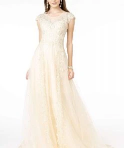 GLS By Gloria - GL2882 Beaded Embroidered Mesh A-Line Long Dress