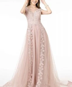GLS By Gloria - GL2882 Beaded Embroidered Mesh A-Line Long Dress