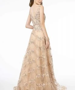 GLS By Gloria - GL2884 Embroidered V-Neck A-Line Gown