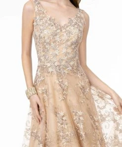 GLS By Gloria - GL2884 Embroidered V-Neck A-Line Gown