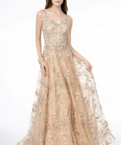 GLS By Gloria - GL2884 Embroidered V-Neck A-Line Gown